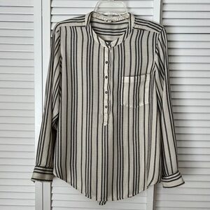 Lucky Brand Woman’s Boho Blouse Tunic Mandarin Colar Cream Grey Stripes Size L